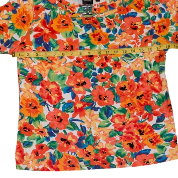 Rafaella Bright Vibrant Cotton Floral Top with Metal Embellishment Orange Red, L - Picture 8 of 8